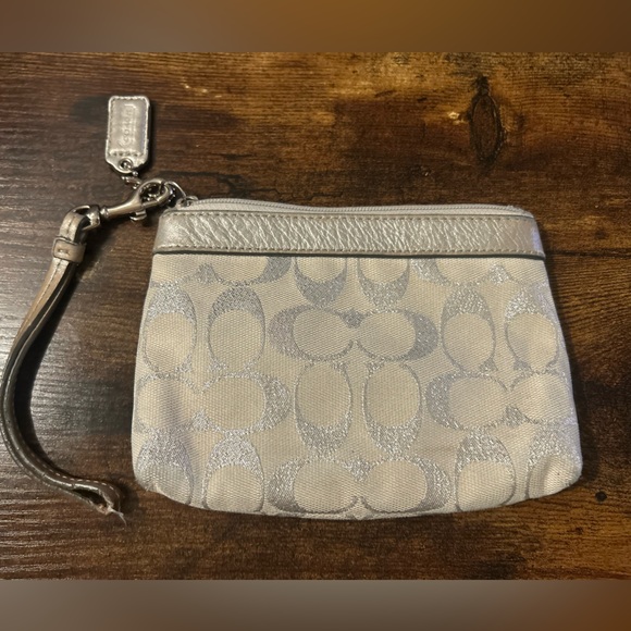 Coach Metallic Silver and Cream Signature Wristlet - Picture 2 of 6